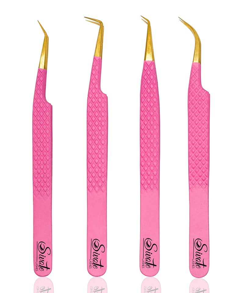 SIVOTE Fiber Tip eyelash tweezers for lash extensions with Diamond Grip Pink Set of 4  Precise Tips Japanese Steel for Classic Volume  Mega Volume Lashes AntiRust  Ideal for Lash Artists